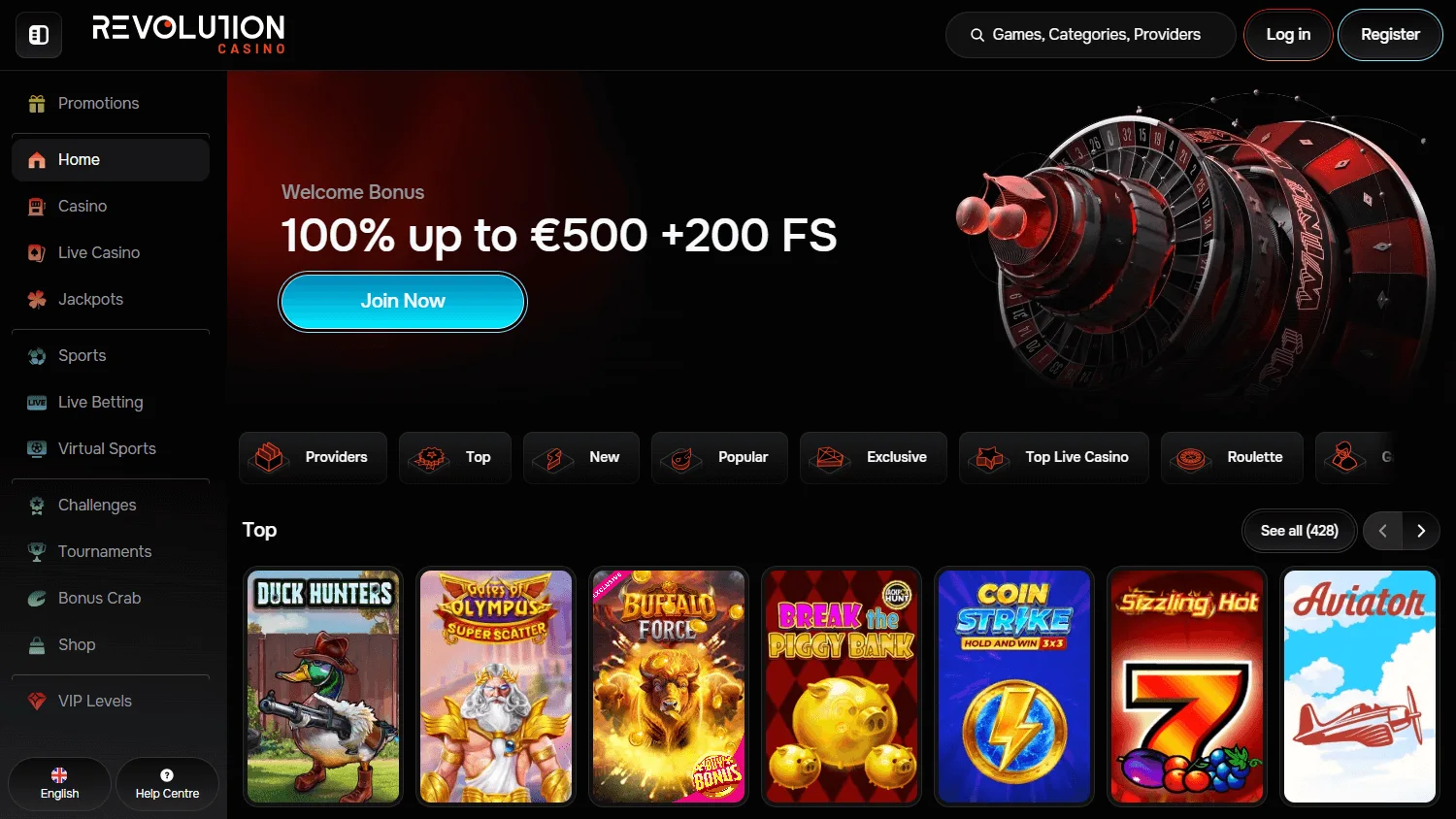 Revolution Casino desktop home page