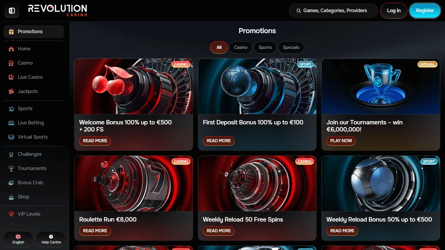 Revolution Casino desktop promotions area