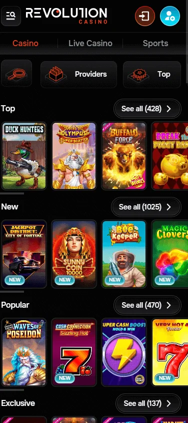 Revolution Casino mobile games area