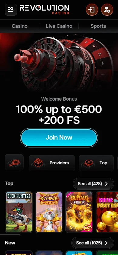 Revolution Casino mobile home page