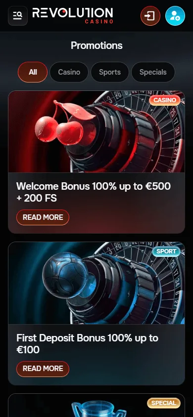 Revolution Casino mobile promotions area